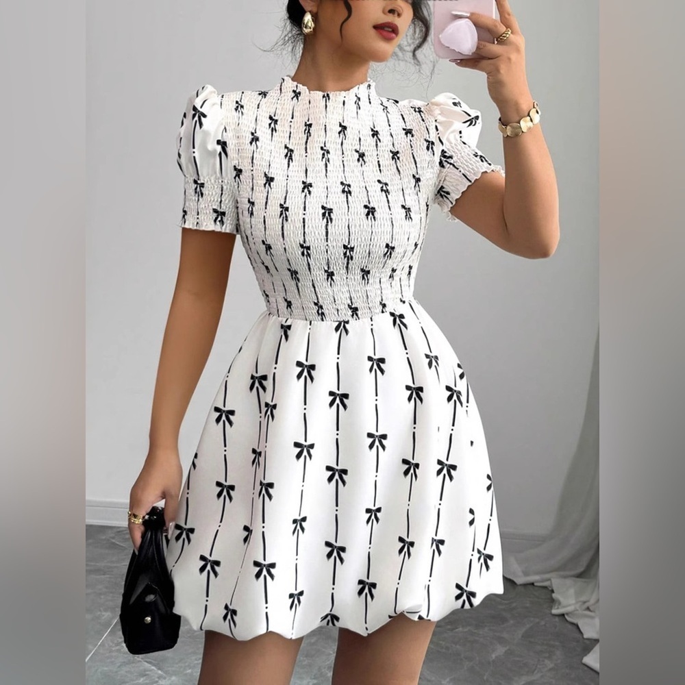 Smocked Bow Print Short Sleeve Dress